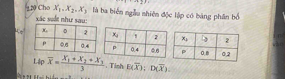 E
2.20 Cho X_1,X_2,X_3 là ba biến ngẫu nhiên độc lập có bảng phân bố
xác suất như sau:
4; o
T ne
vào
Lập overline X=frac X_1+X_2+X_33. Tinh E(overline X);D(overline X).
221 Hai biển 3