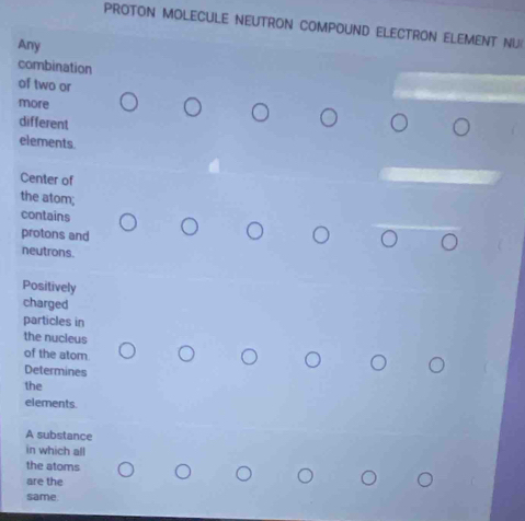 PROTON MOLECULE NEUTRON COMPOUND ELECTRON ELEMENT NU 
Any 
combination 
of two or 
more 
different 
elements. 
Center of 
the atom; 
contains 
protons and 
neutrons. 
Positively 
charged 
particles in 
the nucleus 
of the atom. 
Determines 
the 
elements. 
A substance 
in which all 
the atoms 
are the 
same.