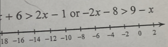 +6>2x-1 or -2x-8>9-x
18