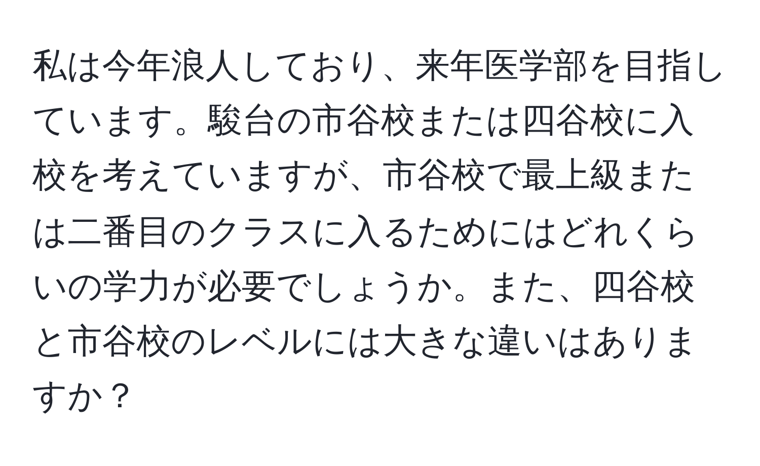 私は今年浪人しており、来年医学部を目指しています。駿台の市谷校または四谷校に入校を考えていますが、市谷校で最上級または二番目のクラスに入るためにはどれくらいの学力が必要でしょうか。また、四谷校と市谷校のレベルには大きな違いはありますか？