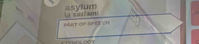 asylum 
(a saɪlam) 
PART OF SPEECH 
ETYMOLOGY