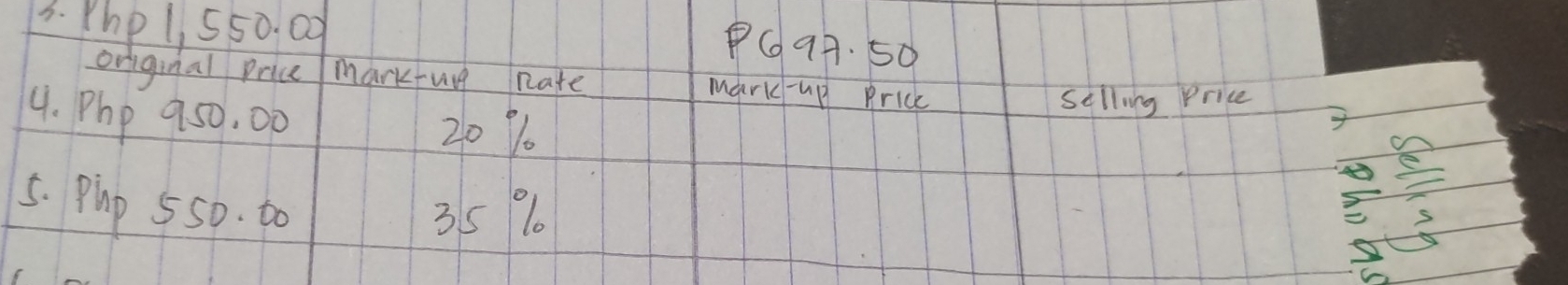 Php 1, 550. 00
PG99. 50 
original price markug nate mark-up Prick 
selling Price 
4. Php 950, 00 20 %
5. pip 5so. to 35 %
 30/32 *  20/32 =frac 2