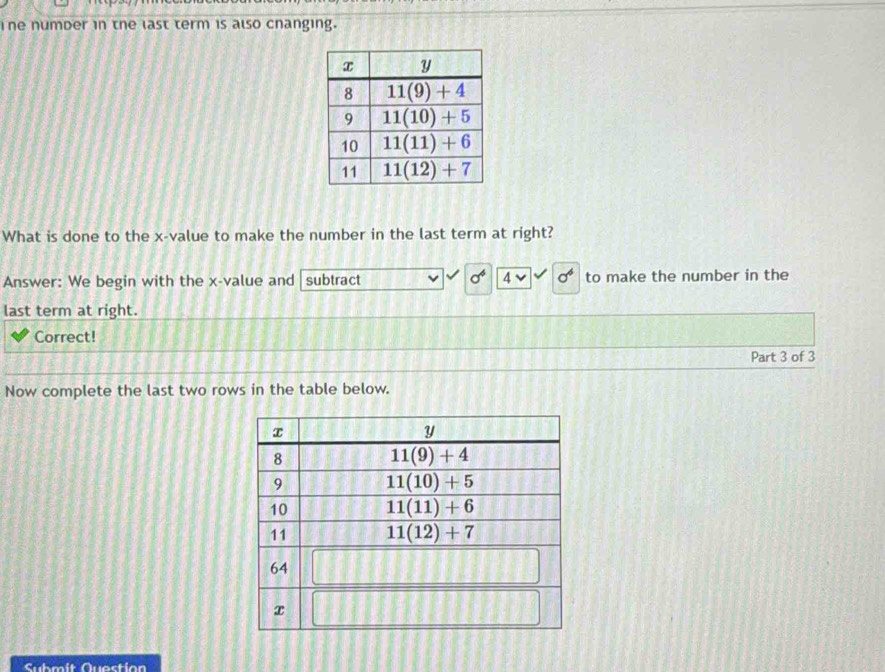 The numder in the last term is also cnanging.
What is done to the x-value to make the number in the last term at right?
Answer: We begin with the x-value and subtract sigma ^4^(sigma ^4) to make the number in the
last term at right.
Correct!
Part 3 of 3
Now complete the last two rows in the table below.
Submít Quertion