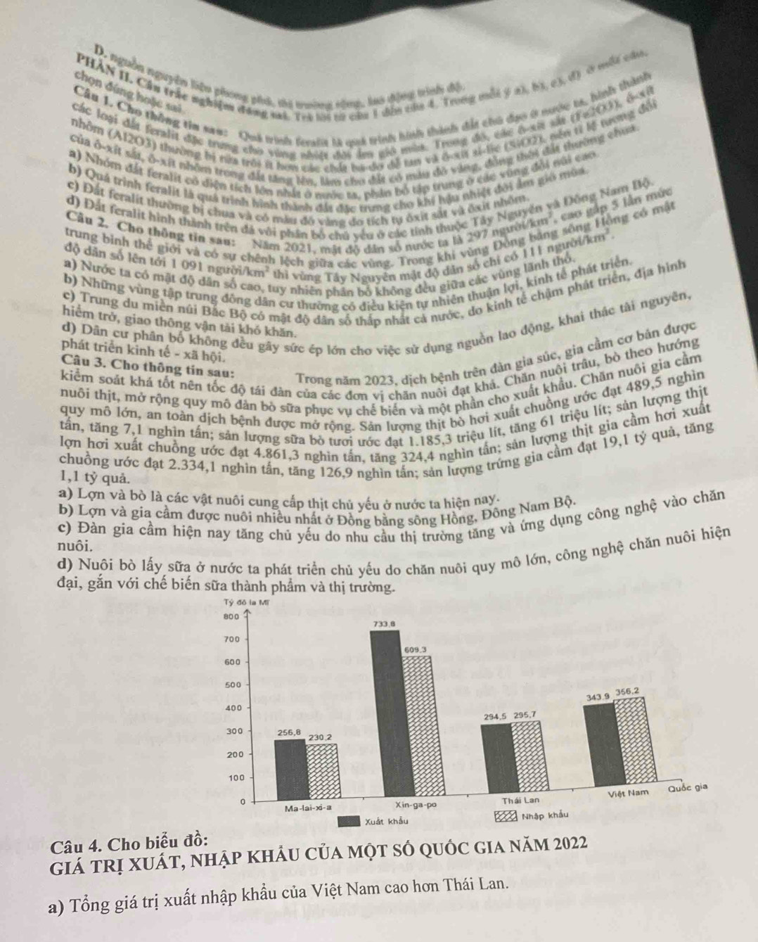 PHẢN II. Cầu trắc nghiệm đáng mà. Trà lài tử của 1 đân của 4. Trong mỗi ý 21, b1, c3, đ) ở một câu
D. nguồn nguyên liện phong phá, tị trường sộng, lao động trình độ
chọn đúng hoặc sai
Câu 1. Cho thông tin san: Quá trình feala là quá trình hình thành đổt chú đạo ở nước ta, hình thành
Các loại đấ feralit đặc trung cho vùng nhậtt đặi đn giả mùa. Trong đó, các t ai sắi (F-103), ô xit
nhôm (A12O3) thường bị tửa trời ít hơa các chất ba đo đễ tan và đưii sile (5502), nên từ lễ trong đội
Của ô-xít sắt, ô-xít nhóm trong đất tăng lên. làm cho đất có màu đô vàng, đồng thời đất thường chua
#) Nhóm đất feralit có điện tích lớn nhất ở nước ta, phân bổ tập trung ở các vùng đổi núi cao
b) Quá trình feralit là quả trình hình thành đás đặc trung cho khí hậu nhiệt đời âm gió mùa
c) Đất feralit thường bị chua và có màu đô vàng đo tích tự ôxit sắt và ốxit nhôm.
d) Đất feralit hình thành trên đã với phần bố chú yếu ở các tính thuộc Tây Nguyên yà Đông Nam Bộ
ng có mật
Cầu 2. Cho thông tin sau: Năm 2021, mật đô dân số nước ta là 297 người/km² , cao gập 5 lần mức
trung bình thể giới và có sự chênh lệch giữa các vùng. Trong khi vùng Đồng bằng sôn
m^3
độ dân số lên tới 1 091 người/km² thì vùng Tây Nguyên mật độ dân số chi có 111 người
a) Nước ta có mật độ dân số cao, tuy nhiên phân bố không đều giữa các vùng lãnh thổ.
b) Những vùng tập trung đồng dân cư thường có điều kiện tự nhiên thuận lợi, kinh tế phát triển.
c) Trung du miền núi Bắc Bộ có mật độ dân số thấp nhất cả nước, do kinh tế chậm phát triển, địa hình
d) Dân cư phân bố không đều gây sức ép lớn cho việc sử dụng nguồn lao động, khai thác tài nguyên,
hiểm trở, giao thông vận tài khó khăn.
phát triển kinh tế - xã hội.
Trong năm 2023, dịch bệnh trên dàn gia súc, gia cầm cơ bản được
kiểm soát khá tốt nên tốc độ tái đàn của các đơn vị chăn nuôi đạt khá. Chăn nuôi trâu, bò theo hướng
Câu 3. Cho thông tin sau:
nuôi thịt, mở rộng quy mô đản bò sữa phục vụ chế biến và một phần cho xuất khẩu. Chăn nuôi gia cầm
quy mô lớn, an toàn dịch bệnh được mở rộng. Sản lượng thịt bò hơi xuất chuồng ước đạt 489,5 nghìn
tấn, tăng 7,1 nghìn tấn; sản lượng sữa bỏ tưới ước đạt 1.185,3 triệu lít, tăng 61 triệu lít; sản lượng thịt
lợn hơi xuất chuồng ước đạt 4.861,3 nghìn tấn, tăng 324,4 nghìn tần; sản lượng thịt gia cầm hơi xuất
chuồng ước đạt 2.334,1 nghin tấn, tăng 126,9 nghìn tần; sản lượng trừng gia cầm đạt 19,1 tỷ quả, tăng
1,1 tỷ quả.
a) Lợn và bò là các vật nuôi cung cấp thịt chủ yếu ở nước ta hiện nay.
b) Lợn và gia cầm được nuôi nhiều nhất ở Đồng bằng sông Hồng, Đông Nam Bộ.
c) Đàn gia cầm hiện nay tăng chú yếu do nhu cầu thị trường tăng và ứng dụng công nghệ vào chăn
nuôi.
d) Nuội bò lấy sữa ở nước ta phát triển chủ yếu do chăn nuôi quy mô lớn, công nghệ chăn nuôi hiện
đại, gắn với chế biến sữa thành phẩm và thị trường.
Câu 4. Cho biểu đồ:
giá trị xuất, nhập khảu của một số quốc gia năm 2022
a) Tổng giá trị xuất nhập khẩu của Việt Nam cao hơn Thái Lan.