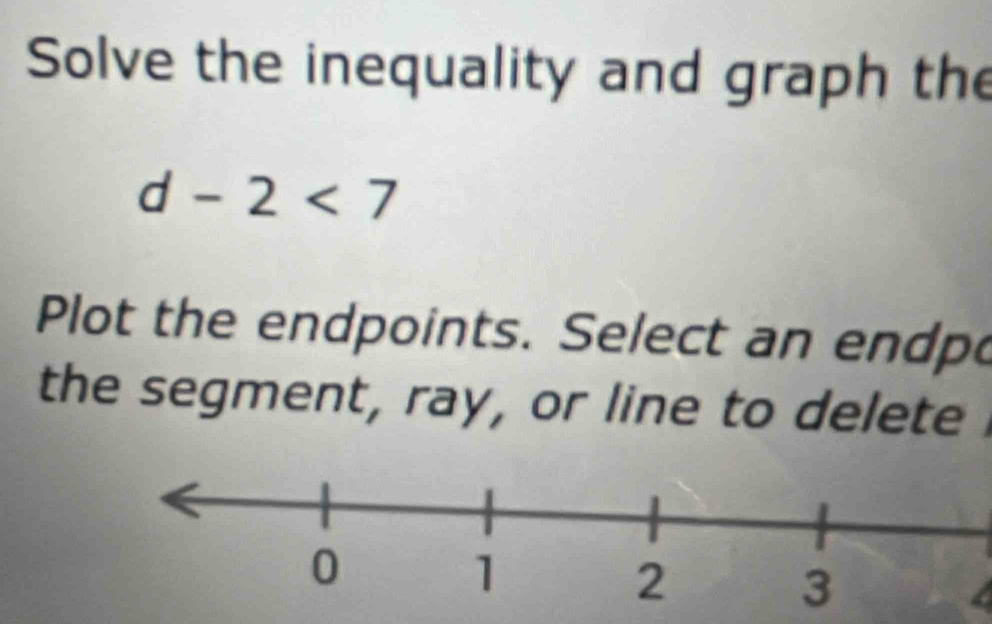 Solve the inequality and graph the
d-2<7</tex> 
Plot the endpoints. Select an endp 
the segment, ray, or line to delete