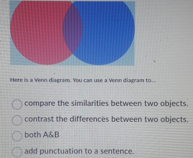 Here is a Venn diagram. You can use a Venn diagram to...
compare the similarities between two objects.
contrast the differences between two objects.
both A & B
add punctuation to a sentence.