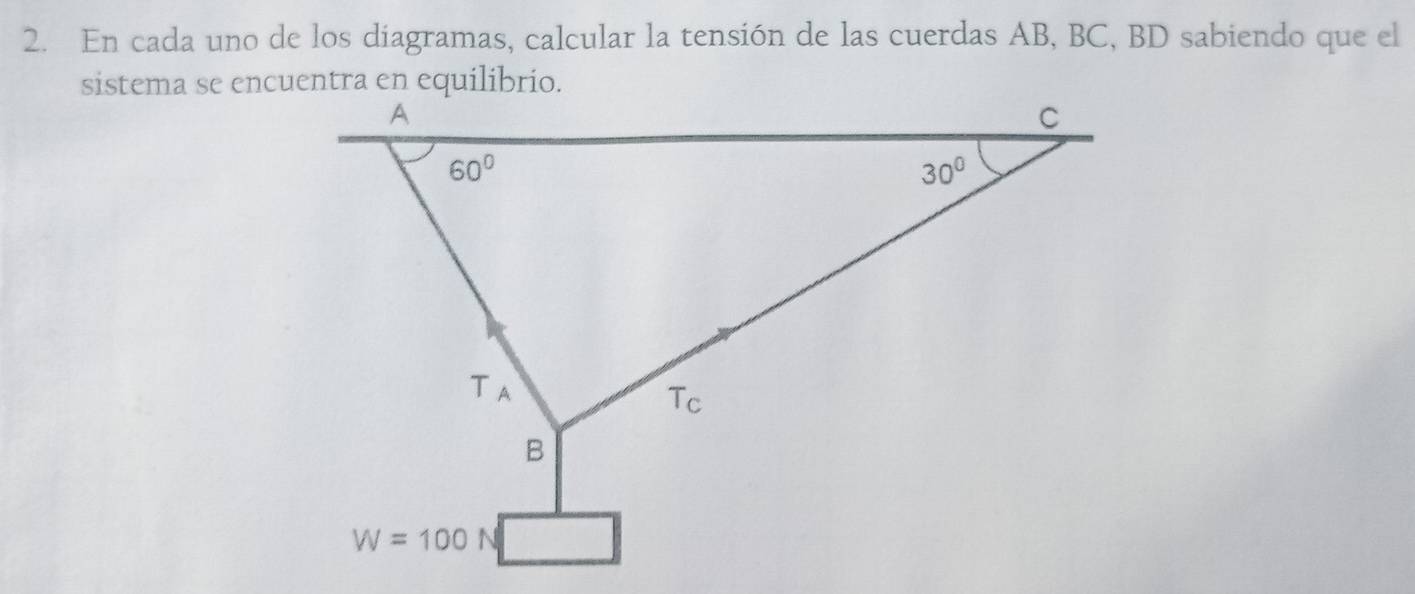 En cada uno de los diagramas, calcular la tensión de las cuerdas AB, BC, BD sabiendo que el