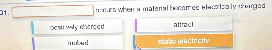 square occurs when a material becomes electrically charged
positively charged attract
rubbed static electricity