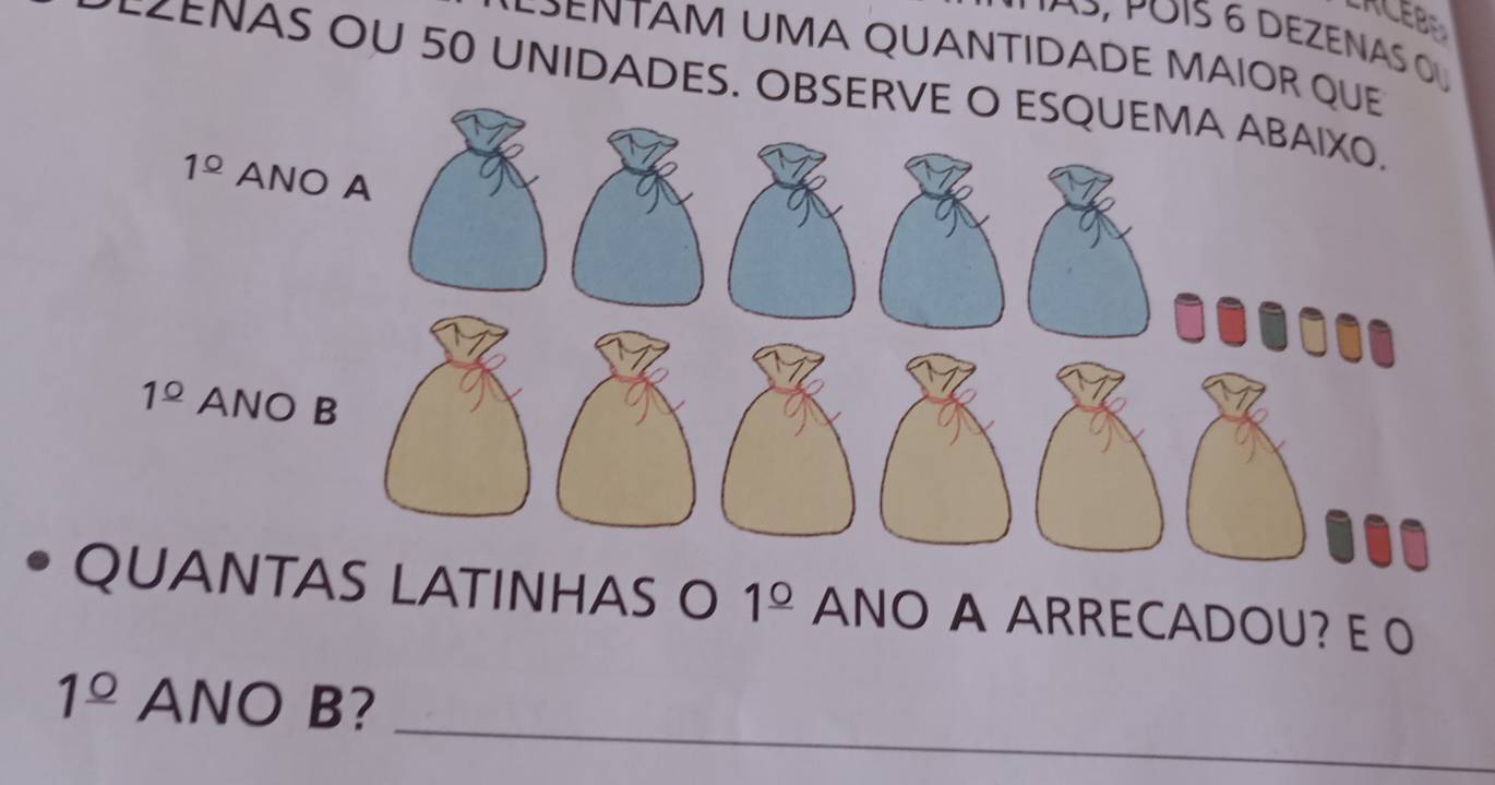 RCEBE
AS, Póís 6 dezenas ou
ESENTAM UMA QUANTIDADE MAIOR Q
AS OU 50 UNIDADES. OBS
TAS LATINHAS O 1^(_ circ) ANO A ARRECADOU? E O
_
1^(_ circ) ANO B?