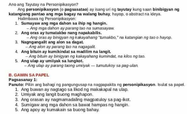 Solved: Ano ang Tayutay na Personipikasyon? Ang personipikasyon (o ...