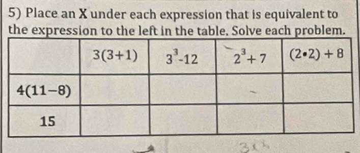 Place an X under each expression that is equivalent to
the expression to the left in the table, Solve each problem.