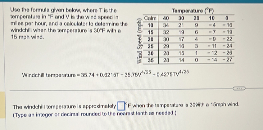 Use the formula given below, where T is the
temperature in °F and V is the wind speed in 
miles per hour, and a calculator to determine the
windchill when the temperature is 30°F with a
15 mph wind. 
Windchill temperature =35.74+0.6215T-35.75V^(4/25)+0.4275TV^(4/25)
The windchill temperature is approximately □°F when the temperature is 30wth a 15mph wind.
(Type an integer or decimal rounded to the nearest tenth as needed.)