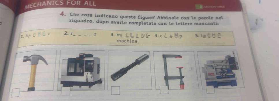 MECHANICS FOR ALL 
SECRION DHKEE 
4. Che cosa indicano queste figure? Abbinale con le parole nel 
riquadro, dopo averle completate con le lettere mancanti: 
1. hg _【 2. r_ r 3. mL 4.c 
5. 1
machine