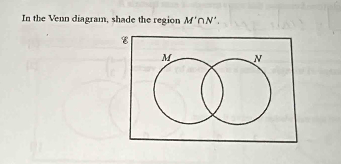 In the Venn diagram, shade the region M'∩ N'.