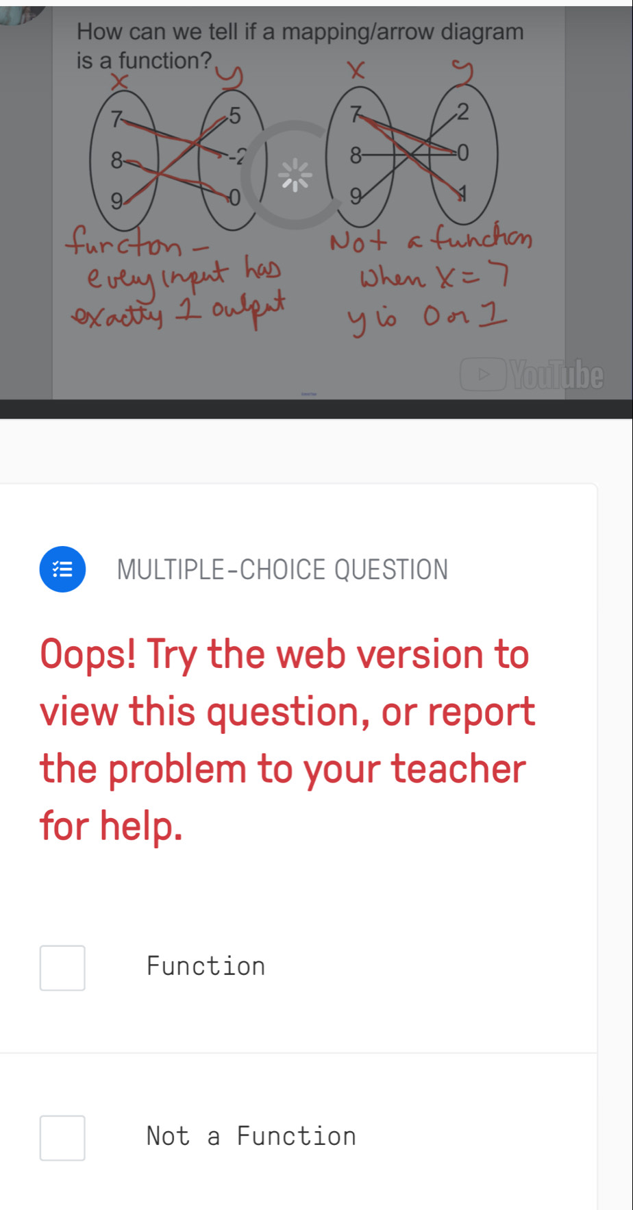 How can we tell if a mapping/arrow diagram
is a function?
YouTube
MULTIPLE-CHOICE QUESTION
Oops! Try the web version to
view this question, or report
the problem to your teacher
for help.
Function
Not a Function