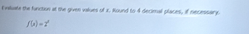 viluate the function at the given values of x. Round to 4 decimal places, if necessary.
f(x)=2^x