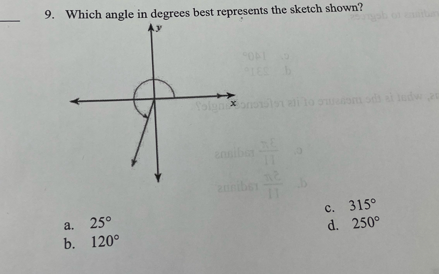 Which angle in degrees best represents the sketch shown?
_
c. 315°
a. 25° d. 250°
b. 120°