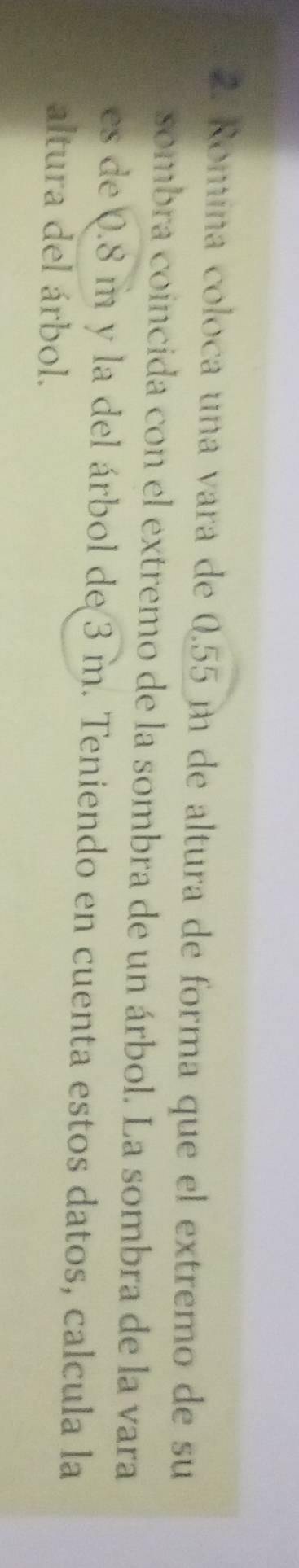 Romina coloca una vara de 0.55 m de altura de forma que el extremo de su 
sombra coincida con el extremo de la sombra de un árbol. La sombra de la vara 
es de Q.8 m y la del árbol de 3 m. Teniendo en cuenta estos datos, calcula la 
altura del árbol.
