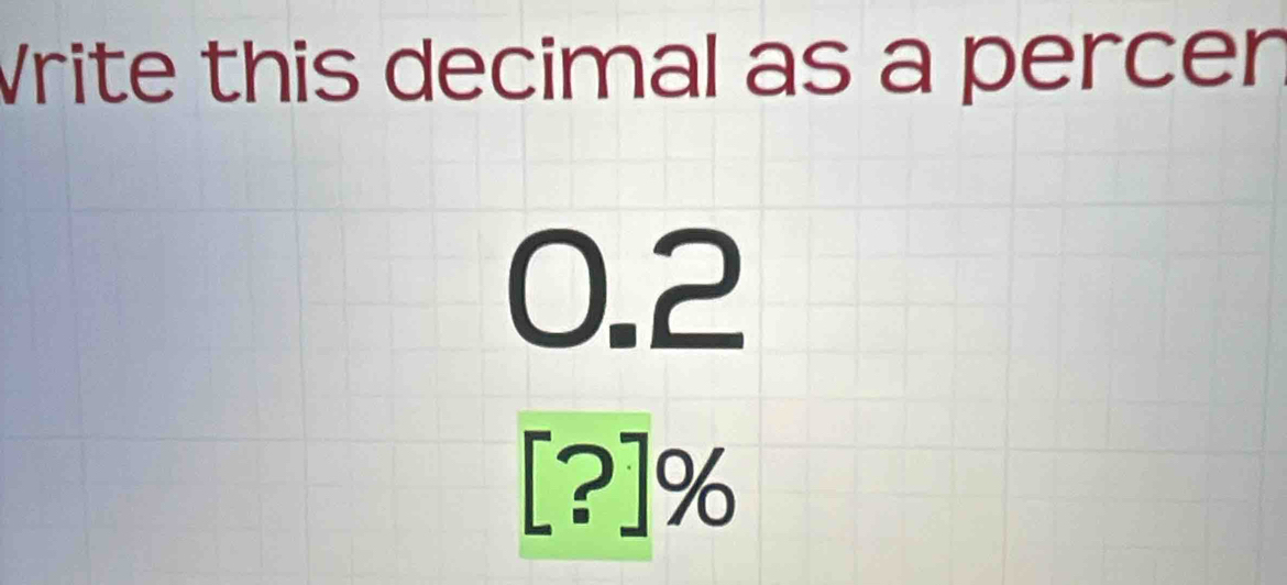 Vrite this decimal as a percen
0.2
[?]%