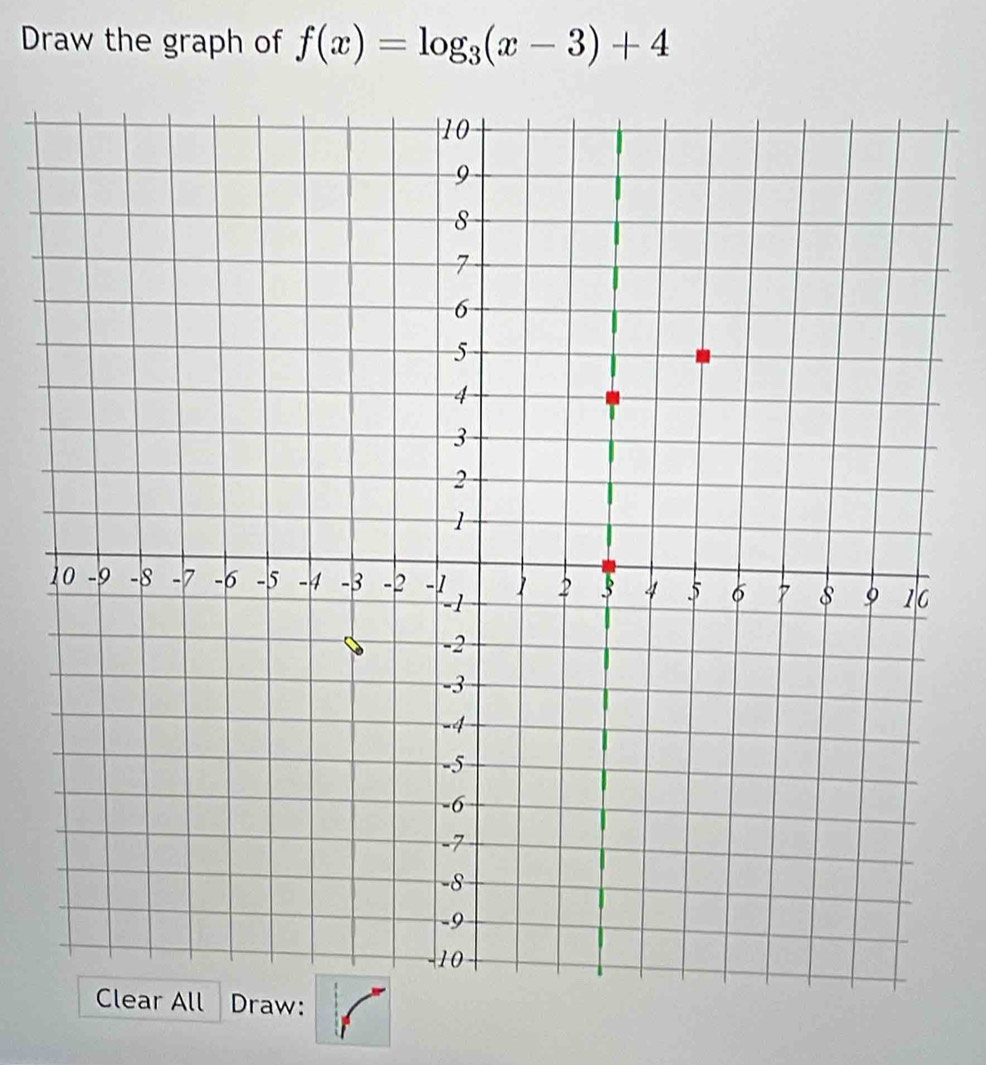 Draw the graph of f(x)=log _3(x-3)+4
ar All Draw: