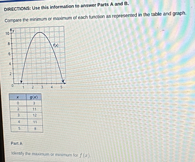 DIRECTIONS: Use this information to answer Parts A and B.
Compare the minimum or maximum of each function as represented in the table and graph.
Part A
Identify the maximum or minimum for f(x).