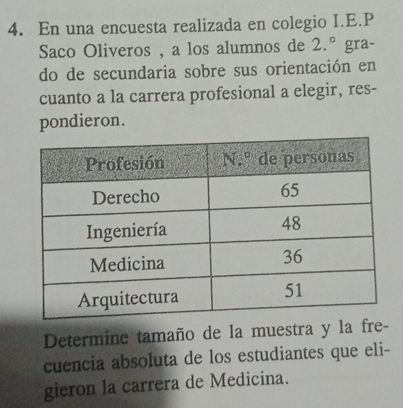 En una encuesta realizada en colegio I.E.P
Saco Oliveros , a los alumnos de 2.^circ  gra-
do de secundaria sobre sus orientación en
cuanto a la carrera profesional a elegir, res-
pondieron.
Determine tamaño de la muestra y la fre-
cuencia absoluta de los estudiantes que eli-
gieron la carrera de Medicina.