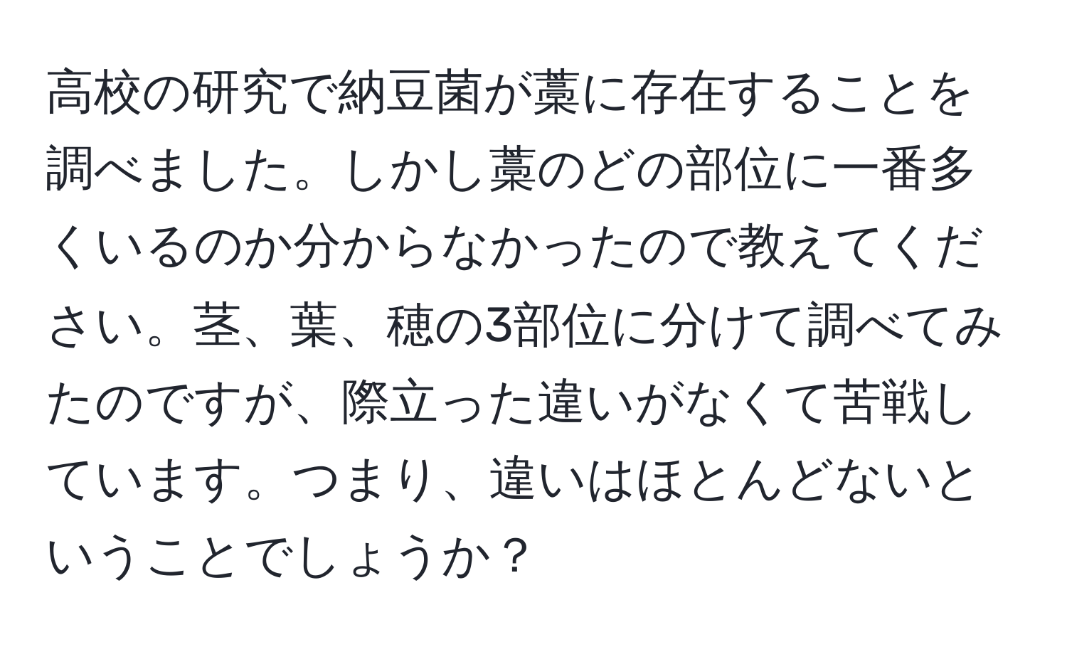 高校の研究で納豆菌が藁に存在することを調べました。しかし藁のどの部位に一番多くいるのか分からなかったので教えてください。茎、葉、穂の3部位に分けて調べてみたのですが、際立った違いがなくて苦戦しています。つまり、違いはほとんどないということでしょうか？