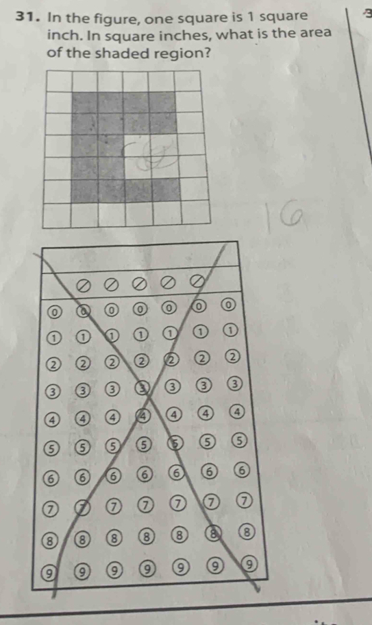 In the figure, one square is 1 square
inch. In square inches, what is the area 
of the shaded region?