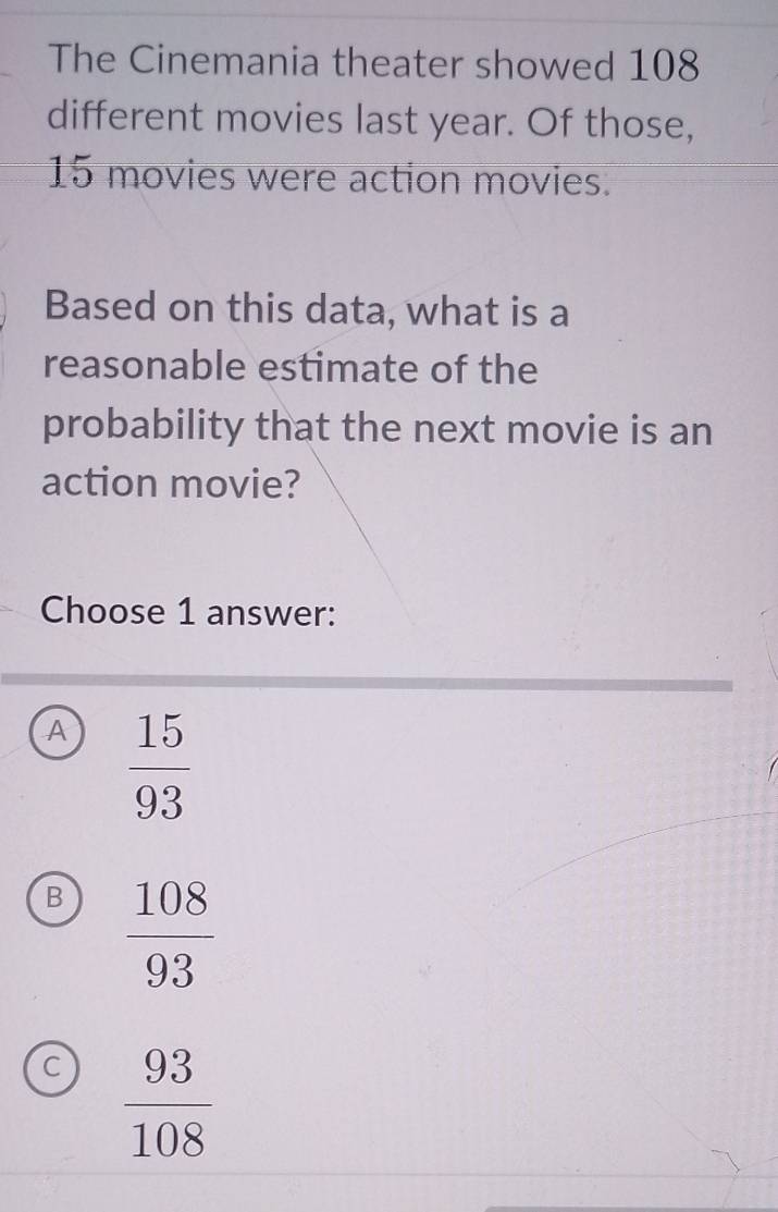 The Cinemania theater showed 108
different movies last year. Of those,
To movies were action movies.
Based on this data, what is a
reasonable estimate of the
probability that the next movie is an
action movie?
Choose 1 answer:
A  15/93 
B  108/93 
a  93/108 