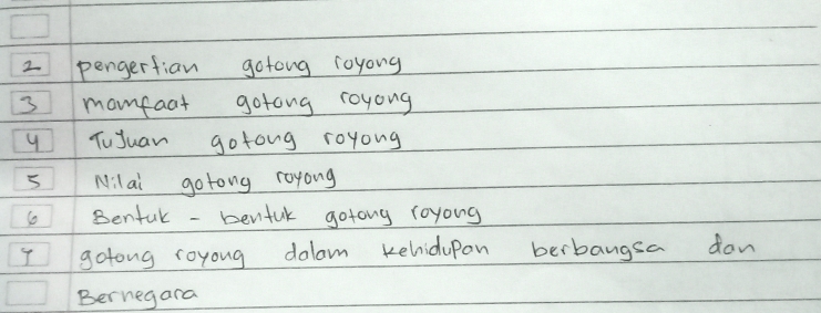 pergertian gotong royong 
3 monfaat gotong royong 
TuJuar gotong royong 
5 Nilai gotong royong 
So Benfuk - bentuk gotony royong 
I gotong royong dolam kelidupon berbangsa dan 
Bernegara