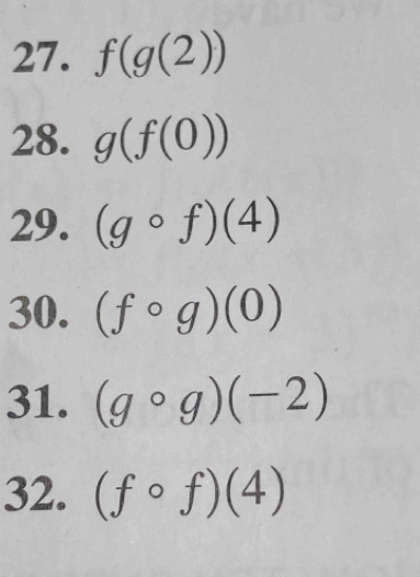 f(g(2))
28. g(f(0))
29. (gcirc f)(4)
30. (fcirc g)(0)
31. (gcirc g)(-2)
32. (fcirc f)(4)