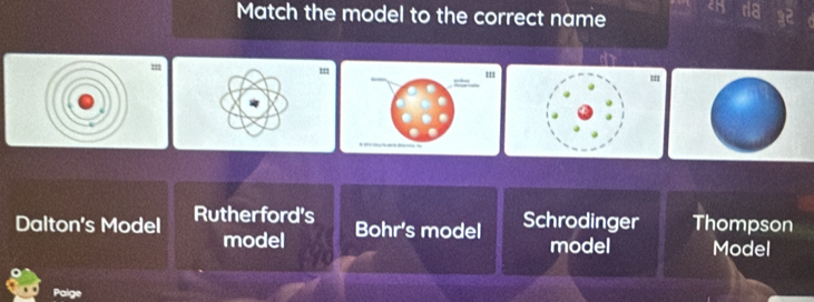 Match the model to the correct name
m
d
'
=
Dalton's Model Rutherford's Schrodinger Thompson
model Bohr's model
model Model
Paige