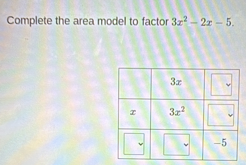 Complete the area model to factor 3x^2-2x-5.