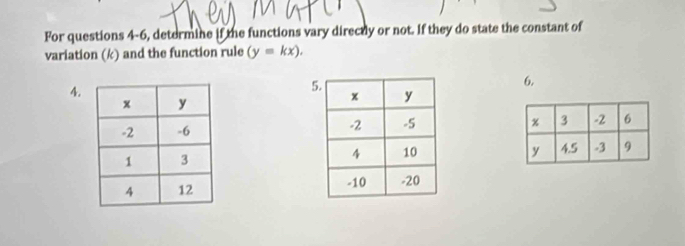 For questions 4-6, determine if the functions vary directly or not. If they do state the constant of 
variation (k) and the function rule (y=kx). 
6. 
A.