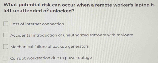 Solved: What potential risk can occur when a remote worker's laptop is ...