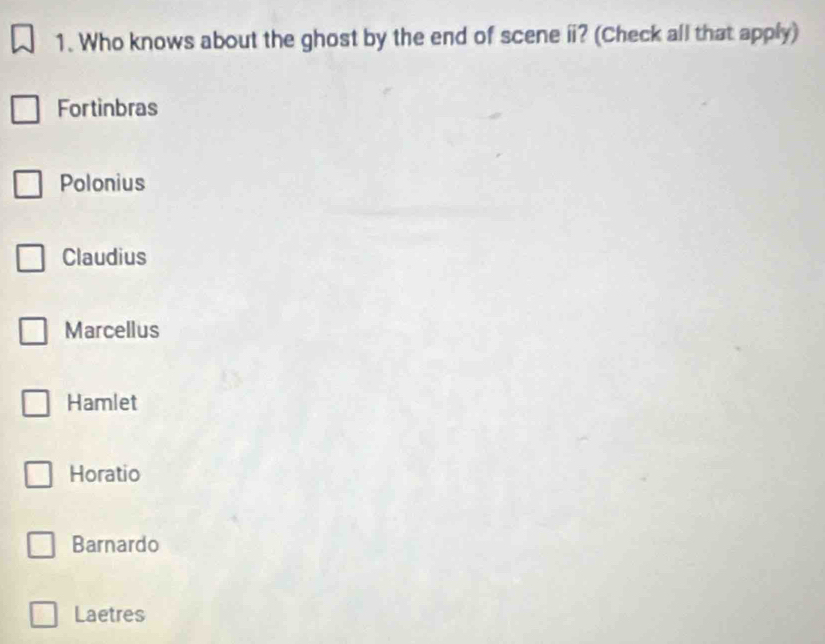 Who knows about the ghost by the end of scene ii? (Check all that apply)
For tinbras
Polonius
Claudius
Marcellus
Hamlet
Horatio
Barnardo
Laetres