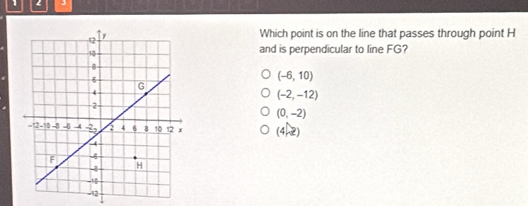 1 2 3
Which point is on the line that passes through point H
and is perpendicular to line FG?
(-6,10)
(-2,-12)
(0,-2)
(4he)