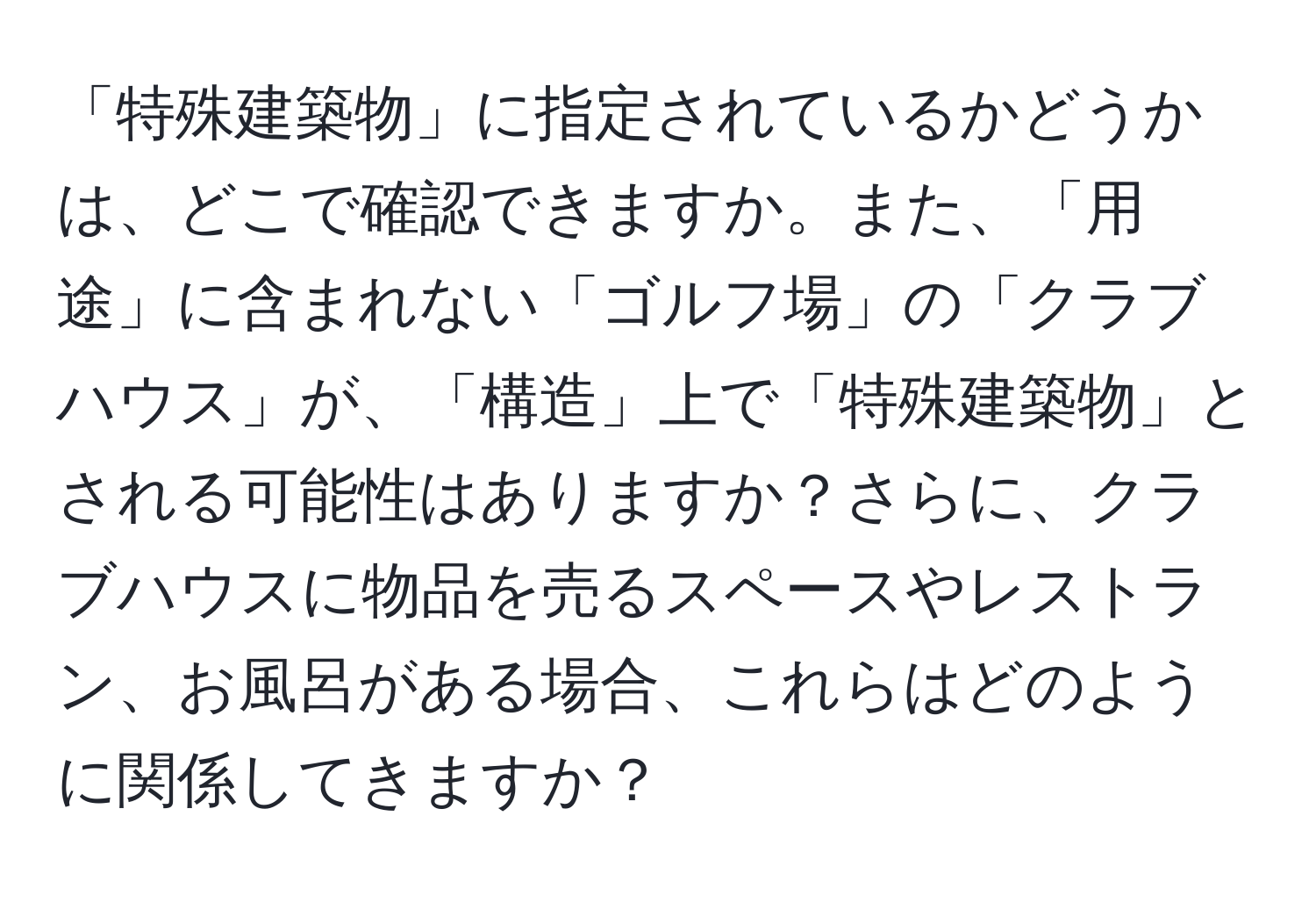 「特殊建築物」に指定されているかどうかは、どこで確認できますか。また、「用途」に含まれない「ゴルフ場」の「クラブハウス」が、「構造」上で「特殊建築物」とされる可能性はありますか？さらに、クラブハウスに物品を売るスペースやレストラン、お風呂がある場合、これらはどのように関係してきますか？