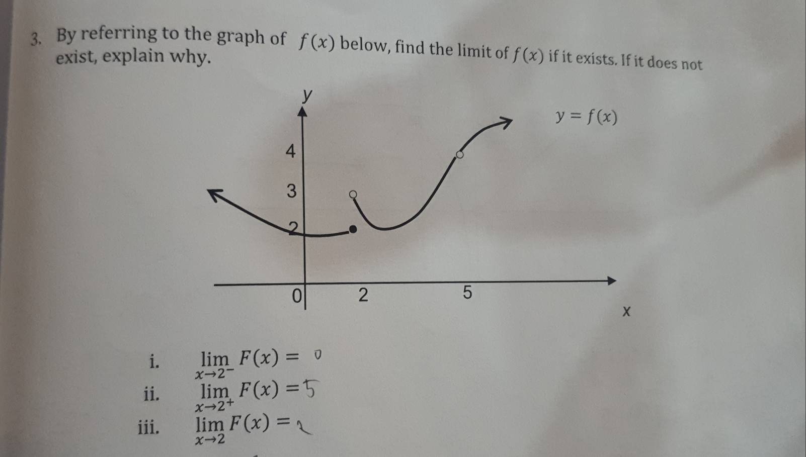 By referring to the graph of f(x) below, find the limit of f(x) if it exists. If it does not
exist, explain why.
i. limlimits _xto 2^-F(x)=
ii. limlimits _xto 2^+F(x)=
iii. limlimits _xto 2F(x)=