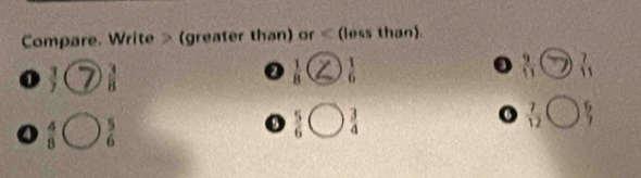 Compare. Write (greater than) or (less than).
o  3/7   3/8 
0  1/8   1/6  o  9/11  7  7/11 
 4/8   5/6 
o  5/6   3/4 
o  7/12   6/7 