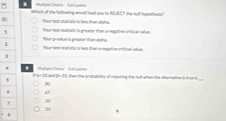 Multipie Ctaice 245 poinis
Which of the following would lead you to REJECT the null hypothess?
Your test statistic is less than alpha.
1
Your test statistic is greater than a negative critical value.
Your p -value is greater than apha.
2
Your test statistic is less than a negative critical value.
, Mutiple Ctalice 045 poims
If o=10 and beta =33 , then the probability of rejecting the rull when the alternative is true is _
30
57 . 30. 33