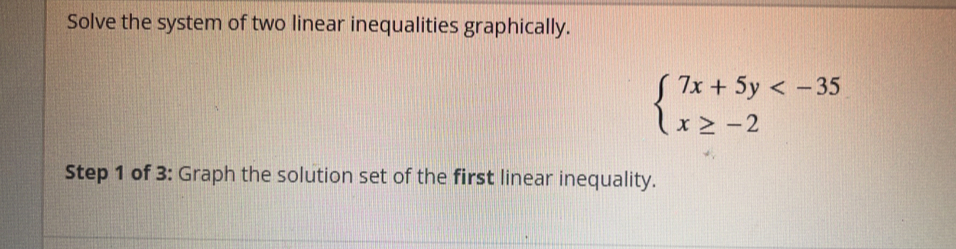 Solve the system of two linear inequalities graphically.
beginarrayl 7x+5y
Step 1 of 3: Graph the solution set of the first linear inequality.