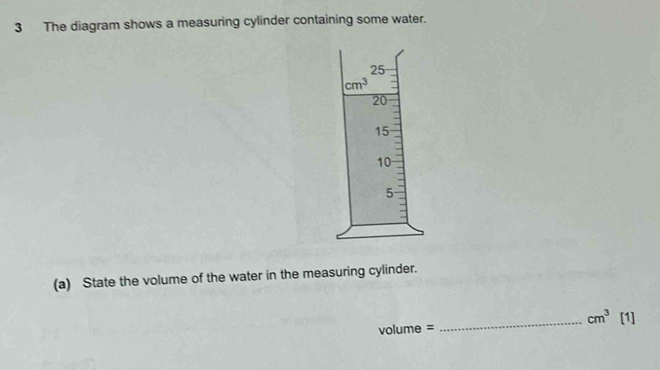 The diagram shows a measuring cylinder containing some water.
(a) State the volume of the water in the measuring cylinder.
cm^3
volume = _[1]