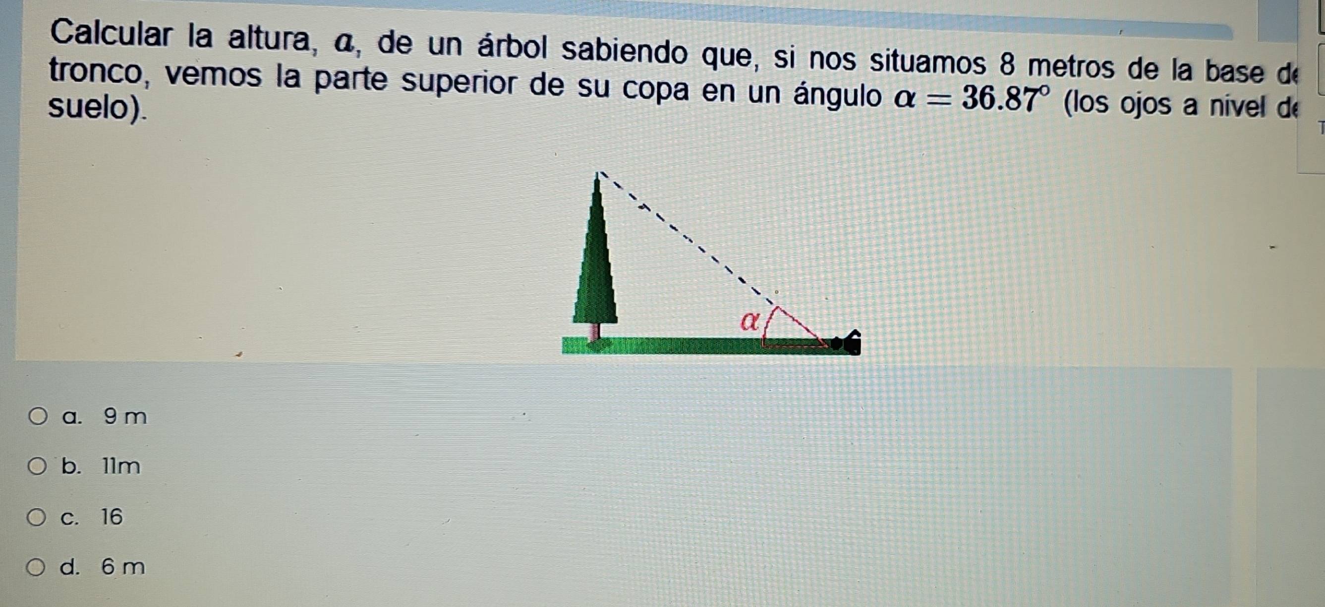 Calcular la altura, a, de un árbol sabiendo que, si nos situamos 8 metros de la base de
tronco, vemos la parte superior de su copa en un ángulo alpha =36.87°
suelo). los ojos a nível de
a. 9 m
b. 11m
c. 16
d. 6 m