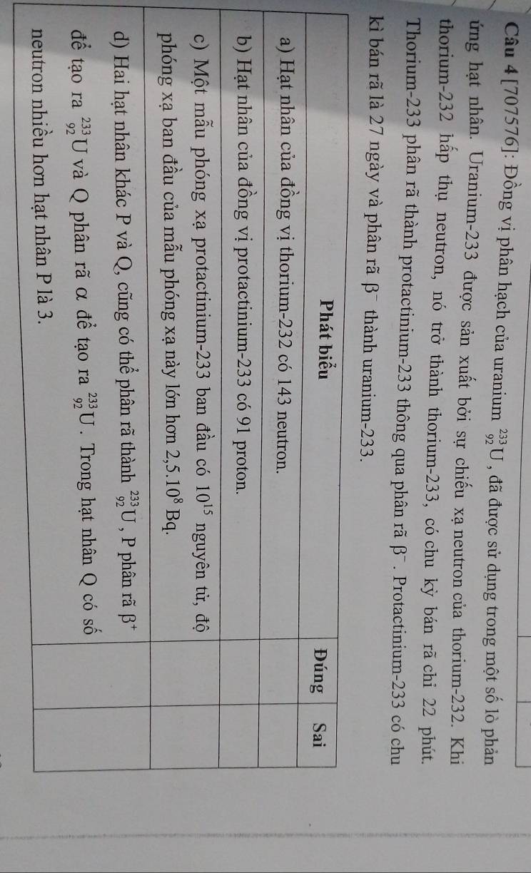[707576]: Đồng vị phân hạch của uranium _(92)^(233)U , đã được sử dụng trong một số lò phản
ứng hạt nhân. Uranium-233 được sản xuất bởi sự chiếu xạ neutron của thorium-232. Khi
thorium-232 hấp thụ neutron, nó trở thành thorium-233, có chu kỳ bán rã chỉ 22 phút.
Thorium-233 phân rã thành protactinium-233 thông qua phân rã βˉ. Protactinium-233 có chu
kì bán rã là 27 ngày và phân rã β¯ thành uranium-233.
