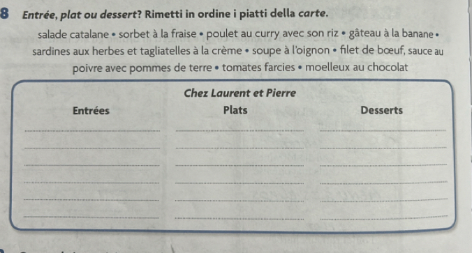 Entrée, plat ou dessert? Rimetti in ordine i piatti della carte. 
salade catalane • sorbet à la fraise • poulet au curry avec son riz • gâteau à la banane » 
sardines aux herbes et tagliatelles à la crème • soupe à l'oignon • filet de bœuf, sauce au 
poivre avec pommes de terre • tomates farcies • moelleux au chocolat 
Chez Laurent et Pierre 
Entrées Plats Desserts 
_ 
__ 
_ 
__ 
_ 
__ 
_ 
_ 
_ 
_ 
_ 
_ 
_ 
_ 
_