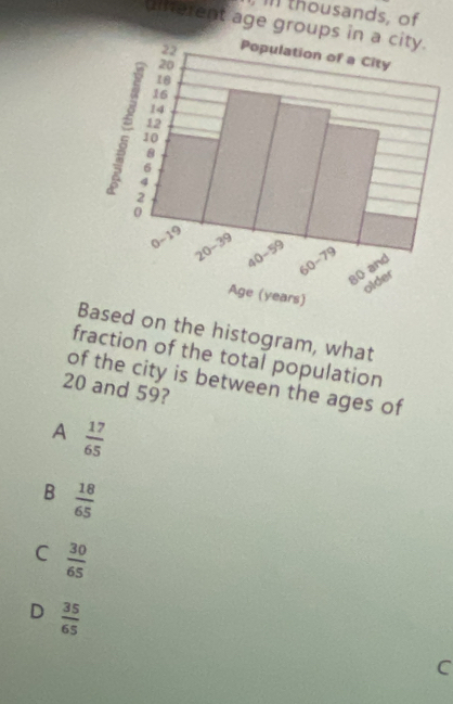 II thousands, of
uiherent age groups
Bed on the histogram, what
fraction of the total population
of the city is between the ages of
20 and 59?
A  17/65 
B  18/65 
C  30/65 
D  35/65 
C