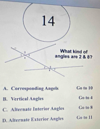 14
1
What kind of
D j angles are 2 & 8?
4
D 6
A. Corresponding Angels Go to 10
B. Vertical Angles Go to 4
C. Alternate Interior Angles Go to 8
D. Alternate Exterior Angles Go to 11