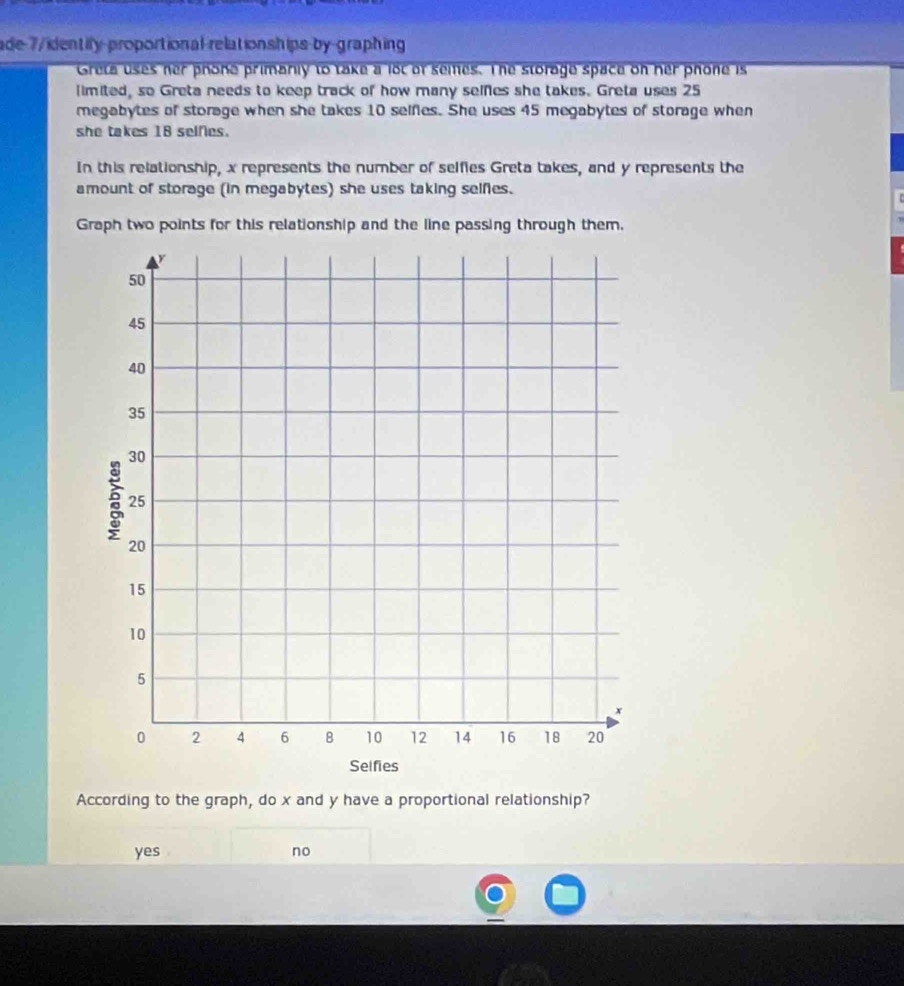 ade 7/identify-proportional relationships-by-graphing
Greta uses her phone primanly to take a lot of semes. The storage space on her phone is
limited, so Greta needs to keep track of how many selfes she takes. Greta uses 25
megabytes of storage when she takes 10 selfies. She uses 45 megabytes of storage when
she takes 18 selfes.
In this relationship, x represents the number of selfies Greta takes, and y represents the
amount of storage (in megabytes) she uses taking selfies.
Graph two points for this relationship and the line passing through them,
Selfies
According to the graph, do x and y have a proportional relationship?
yes no