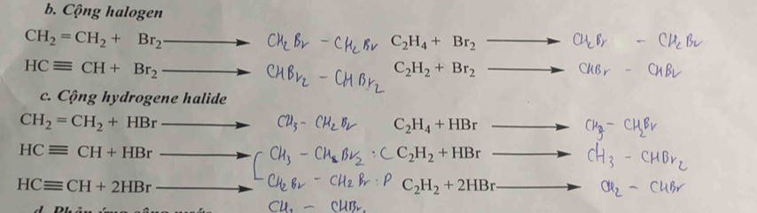 Cộng halogen
CH_2=CH_2+Br_2
C_2H_4+Br_2
HCequiv CH+Br_2
C_2H_2+Br_2
c. Cộng hydrogene halide
CH_2=CH_2+HBr - _  C_2H_4+HBr
HCequiv CH+HBr
C_2H_2+HBr - _  to
HCequiv CH+2HBr
C_2H_2+2HBr _ 